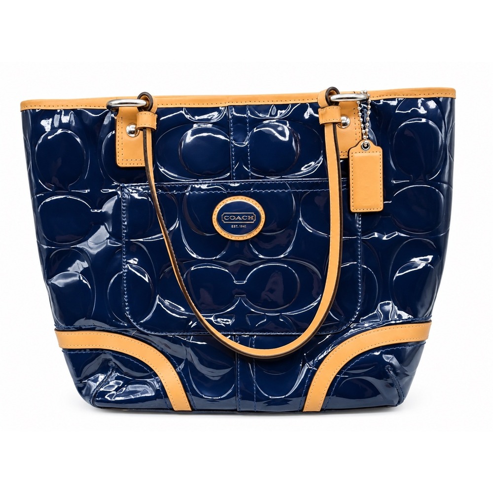 Coach Signature Embossed Patent Leather Tote Navy Blue F22322